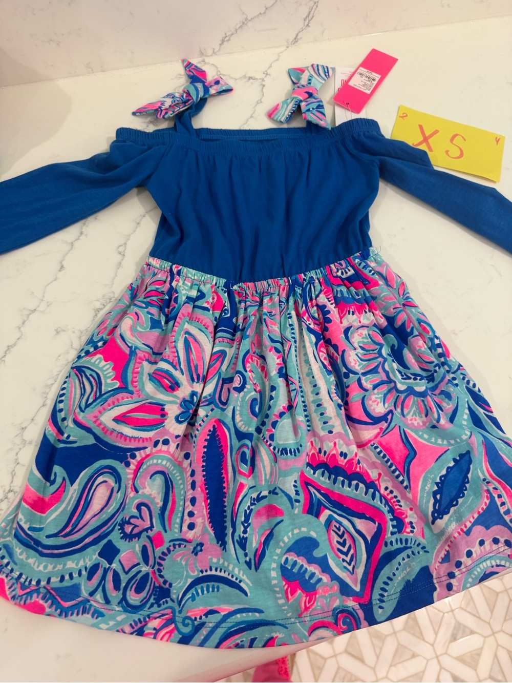 Lilly Pulitzer Girls Blue Off-Shoulder Dress Pink & Blue Paisley Skirt XS NWT